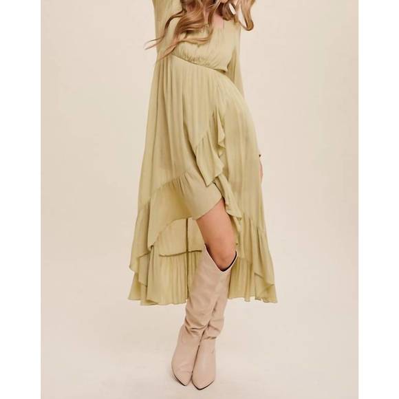 NEW LISTICLE high low ruffled wrap style maxi dress in light olive - Picture 2 of 5